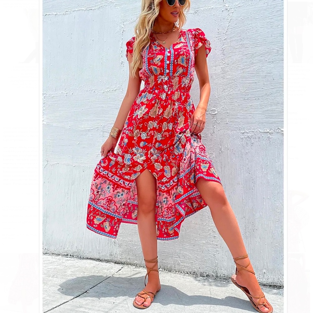 Red multi color floral boho bohemian high low slit v neck short sleeve midi maxi